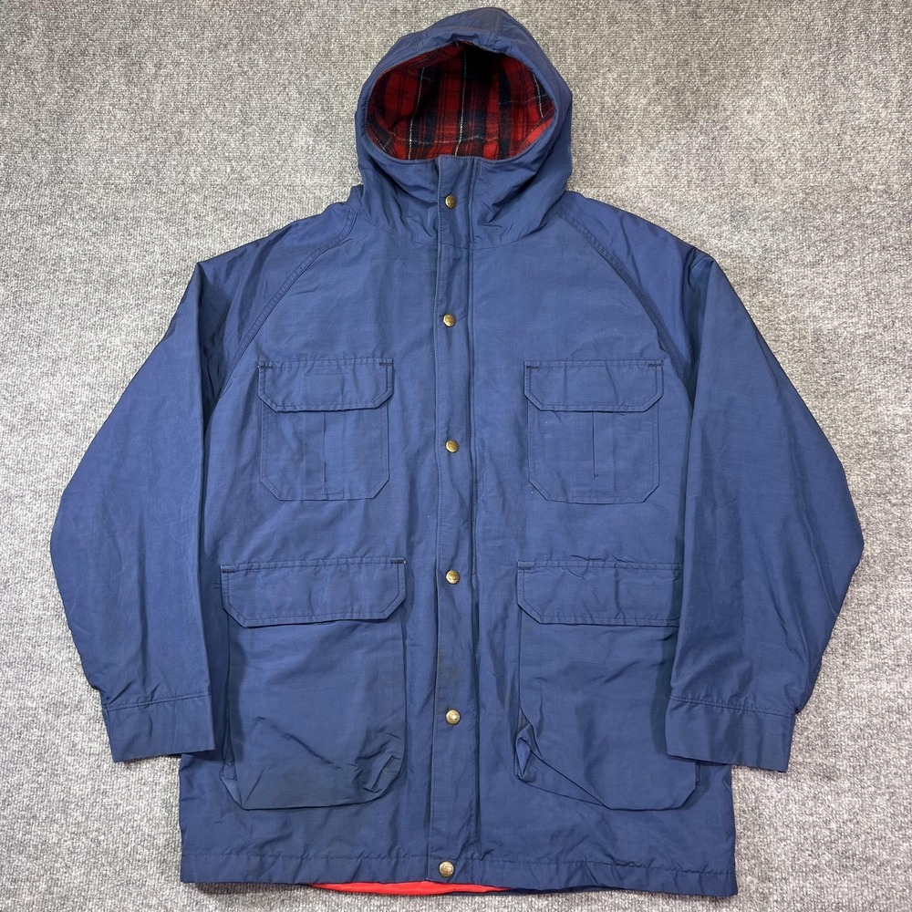 Vintage Woolrich Men's Chore Coat Large Blue Wool Lined Insulated Hooded Jacket